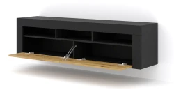 Szafka RTV Moreno 160cm uniwersalna, wisząca lub stojąca, czarny mat / dąb artisan - wisząca otwarta