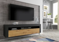 Szafka RTV Moreno 160cm uniwersalna, wisząca lub stojąca, czarny mat / dąb artisan - wisząca w salonie