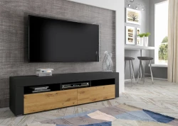 Szafka RTV Moreno 160cm uniwersalna, wisząca lub stojąca, czarny mat / dąb artisan - stojąca w salonie