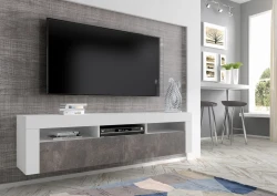 Szafka RTV Moreno 160cm uniwersalna, wisząca lub stojąca, biały mat / beton ciemny - wisząca w salonie