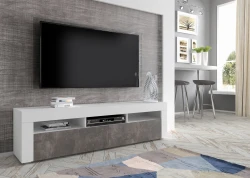 Szafka RTV Moreno 160cm uniwersalna, wisząca lub stojąca, biały mat / beton ciemny - stojąca w salonie