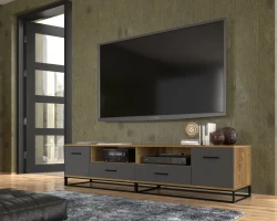 Szafka RTV ARSEN 2D2S 190cm, dąb palony, grafit, czarne matowe metalowe nogi - w salonie