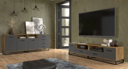 Szafka RTV ARSEN 2D2S 190cm, dąb palony, grafit, czarne matowe metalowe nogi - w aranżacji salonu