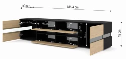 Szafka RTV nowoczesna Viper 186cm, czarny mat / dąb stone - otwarta, wymiary
