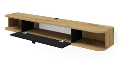 Szafka RTV wisząca Icarus 156cm, dąb artisan / czarny mat - otwarta