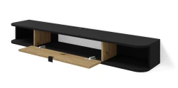 Szafka RTV wisząca Icarus 156cm, czarny mat / dąb artisan - otwarta