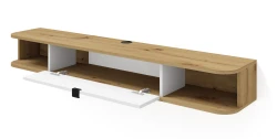 Szafka RTV wisząca Icarus 156cm, dąb artisan / biały mat - otwarta