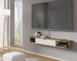 Szafka RTV wisząca Icarus 156cm, dąb artisan / biały mat - w aranżacji salonu 1