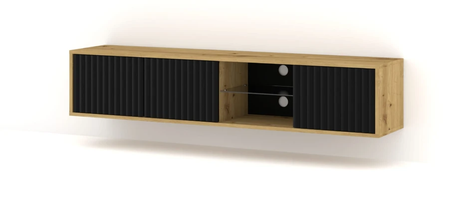 Szafka RTV wisząca MITA 156cm, dąb artisan / czarny mat