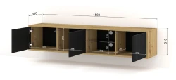 Szafka RTV wisząca MITA 156cm, dąb artisan / czarny mat - otwarta, wymiary