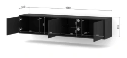 Szafka RTV wisząca VINA 156cm, czarny mat - otwarta, wymiary