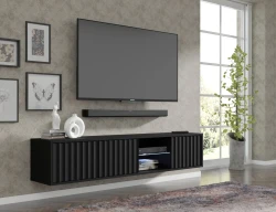 Szafka RTV wisząca VINA 156cm, czarny mat - w aranżacji salonu 2