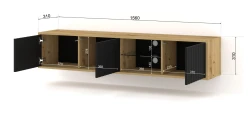 Szafka RTV wisząca VINA 156cm, dąb artisan / czarny mat - otwarta, wymiary