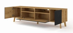 Szafka RTV LUXI 195cm, dąb artisan / czarny mat - otwarta