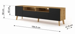 Szafka RTV LUXI 195cm, dąb artisan / czarny mat - wymiary