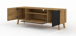 Szafka RTV LUXI 160cm, dąb artisan / czarny mat - otwarta