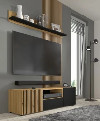 Szafka RTV Auris 150cm, dąb artisan / czarny mat - w salonie