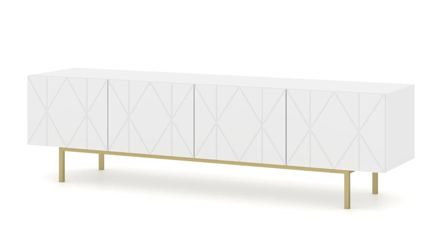 Szafka RTV Kairo 180cm 4D biały mat, nogi złote metalowe
