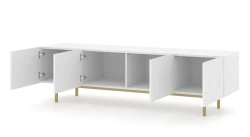 Szafka RTV Kairo 180cm 4D biały mat, nogi złote metalowe - otwarta