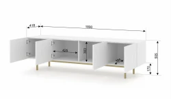 Szafka RTV Kairo 180cm 4D biały mat, nogi złote metalowe - wymiary