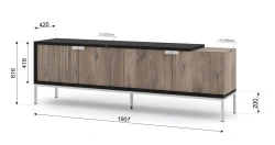Szafka RTV Toledo 200cm 4D, dąb flagstaff - wymiary