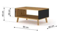 Stolik kawowy LUXI prostokątny 90x60cm, dąb artisan / czarny mat - wymiary