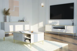 Stolik kawowy Petra 90x60cm, biały mat - złote nóżki i uchwyty - elegancki stolik kawowy w salonie - aranżacja