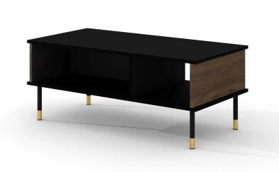 Stolik kawowy Sherwood 110x55cm, czarny mat / dąb catania - nogi czarne metalowe ze złotymi akcentami