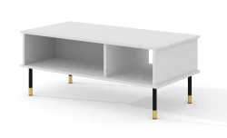 Stolik kawowy Sherwood 110x55cm, biały mat - nogi czarne metalowe ze złotymi akcentami