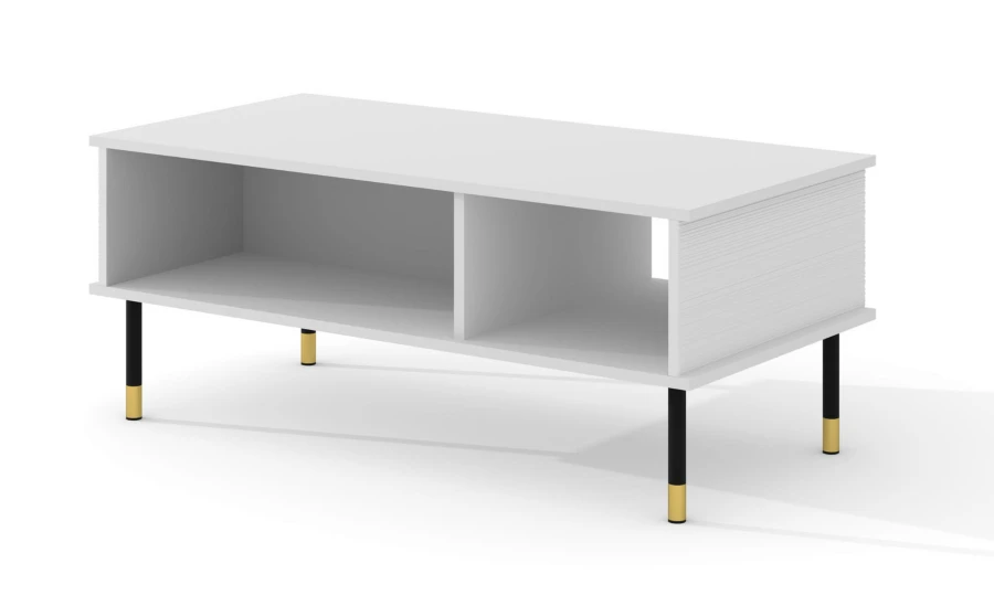 Stolik kawowy Sherwood 110x55cm, biały mat - nogi czarne metalowe ze złotymi akcentami