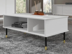 Stolik kawowy Sherwood 110x55cm, biały mat - nogi czarne metalowe ze złotymi akcentami - widok od boku