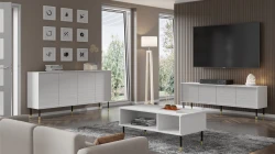 Stolik kawowy Sherwood 110x55cm, biały mat - nogi czarne metalowe ze złotymi akcentami - stolik kawowy w salonie