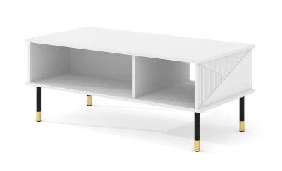 Stolik kawowy Woody 110x55cm, biały mat - nogi czarne metalowe ze złotymi akcentami