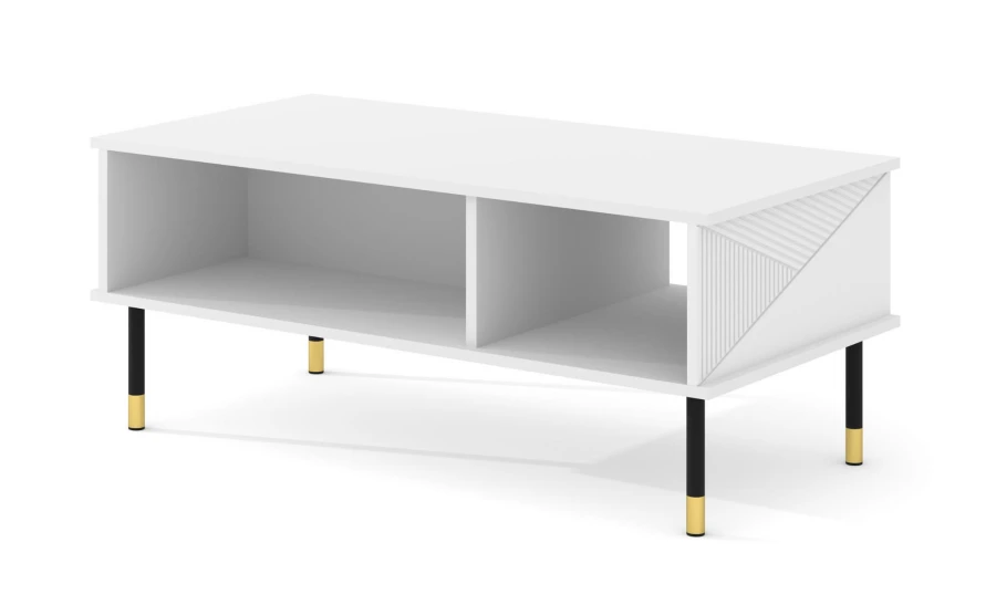 Stolik kawowy Woody 110x55cm, biały mat - nogi czarne metalowe ze złotymi akcentami