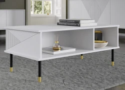 Stolik kawowy Woody 110x55cm, biały mat - nogi czarne metalowe ze złotymi akcentami - w aranżacji