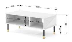 Stolik kawowy Woody 110x55cm, biały mat - nogi czarne metalowe ze złotymi akcentami - wymiary stolika kawowego Woody