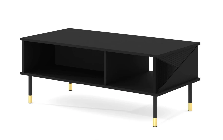 Stolik kawowy Woody 110x55cm, czarny mat - nogi czarne metalowe ze złotymi akcentami