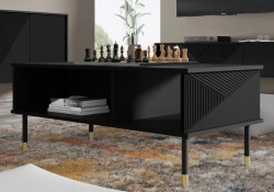 Stolik kawowy Woody 110x55cm, czarny mat - nogi czarne metalowe ze złotymi akcentami - zbliżenie od dołu
