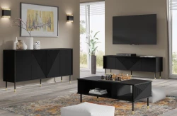Stolik kawowy Woody 110x55cm, czarny mat - nogi czarne metalowe ze złotymi akcentami - w salonie