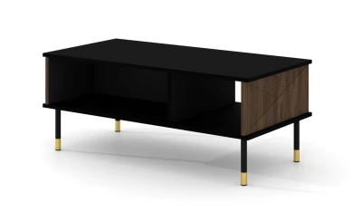 Stolik kawowy Woody IV 110x55cm, czarny mat / dąb catania - nogi czarne metalowe ze złotymi akcentami