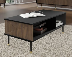 Stolik kawowy Woody IV 110x55cm, czarny mat / dąb catania - nogi czarne metalowe ze złotymi akcentami - widok 2