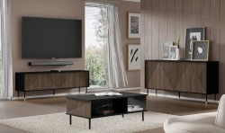 Stolik kawowy Woody IV 110x55cm, czarny mat / dąb catania - nogi czarne metalowe ze złotymi akcentami - nowoczesne umeblowanie salonu