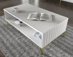 Stolik kawowy Wave 90x60cm biały mat, nogi złote metalowe proste - widok od góry