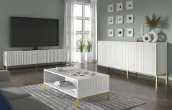 Stolik kawowy Wave 90x60cm biały mat, nogi złote metalowe proste - nowoczesny salon