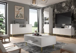 Stolik kawowy Ravenna B 90x60cm biały mat, nogi czarne metalowe proste - aranżacja salonu