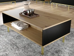 Stolik kawowy Ravenna B 90x60cm dąb artisan / czarny mat, nogi złote metalowe proste - zbliżenie