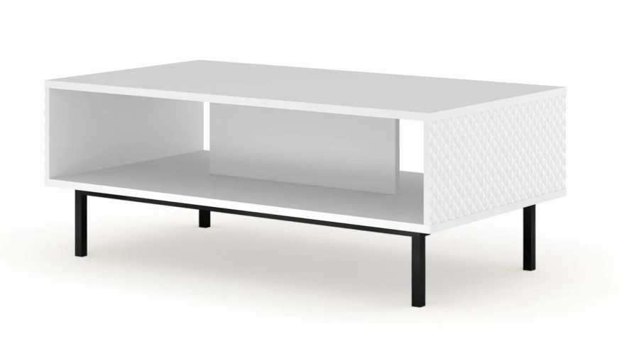 Stolik kawowy Ravenna C 90x60cm frez MDF diament, biały mat / biały połysk - nogi czarne metalowe proste