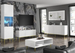 Stolik kawowy Ravenna C 90x60cm frez MDF diament, biały mat / biały połysk - nogi czarne metalowe proste - salon