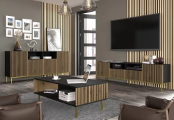 Stolik kawowy Ravenna F 90x60cm frez MDF malowany z ramą, czarny mat / dąb artisan - nogi czarne metalowe proste - aranzacja