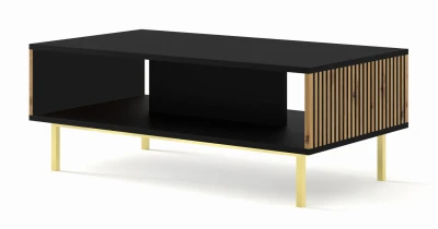 Stolik kawowy Ravenna F 90x60cm frez MDF malowany z ramą, czarny mat / dąb artisan - nogi złote metalowe proste